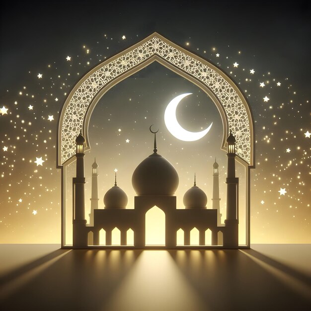 3D silhouette of a mosque shaped frame with yellow moon and stars background