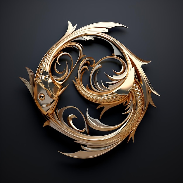 3D Silver pisces Zodiac Sign in a Golden Circle A Metal Masterpiece of Astrology