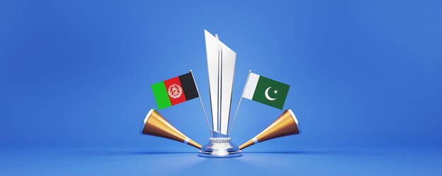 3D Silver Winning Trophy With Participating Countries Flags Of Afghanistan VS Pakistan And Golden Vuvuzela On Blue Background.