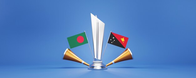 Trofeo vincente d'argento 3d con le bandiere dei paesi partecipanti del bangladesh vs papua nuova guinea e vuvuzela d'oro su sfondo blu.