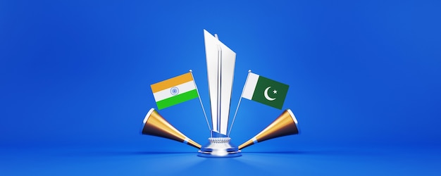 파란색 배경에 인도 대 파키스탄 및 황금 부부젤라의 참가 국가 플래그와 함께 3D 실버 우승 트로피.