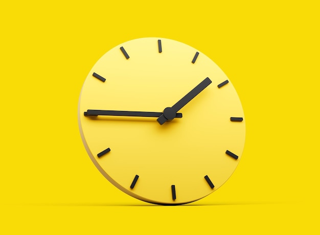 3d simple yellow round wall clock 145 one forty five quarter to 2 yellow background 3d illustration