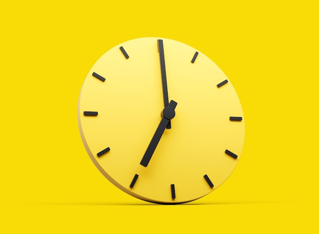 3d 간단한 노란색 둥근 벽 시계 7 O '39 clock 7 O'39 clock 노란색 배경 3d 일러스트레이션