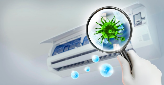 3D simulation of viruses inside the air conditioner by showing through a magnifying glass and virus