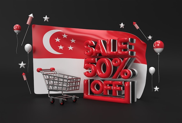 3D Singapore Flag with 50% Sale OFF Discount Banner Concept.