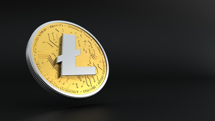 Фотография 3d единая золотая монета litecoin на черном фоне