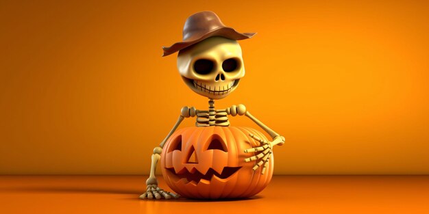 3D Skeleton and Jack O Lanterns on Orange Background Halloween Background Generative AI
