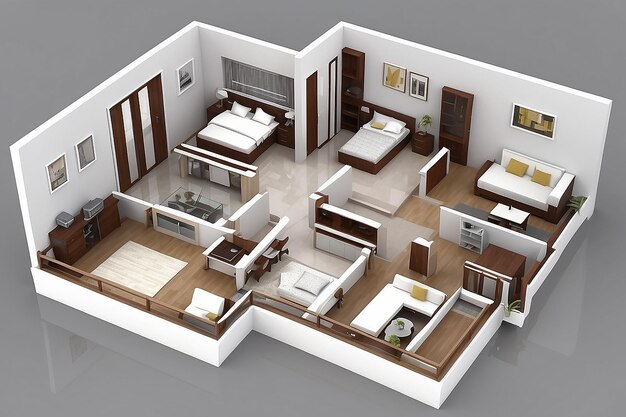 Photo 3d sketch of a fourroom apartment object over white