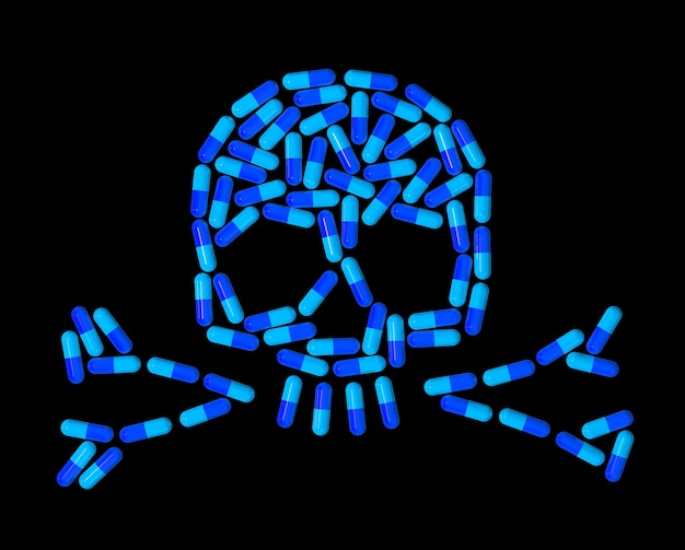 黒に分離されたカプセル錠剤の3 Dスカル