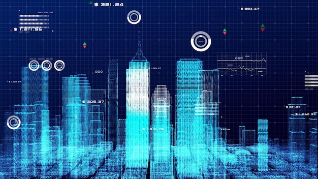 3D超高層ビル建物シミュレーションHUDデジタル画面表示スマート金融ビジネス都市分析ダッシュボードの背景