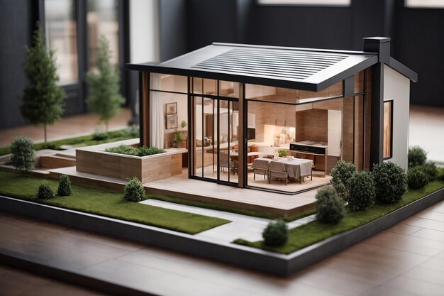 Фото 3d-модель маленького дома на архитектурном плане, созданная с помощью генеративного ии