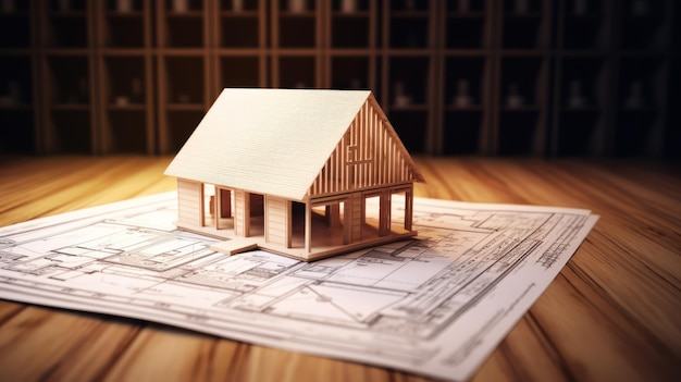 3d small house model wooden house construction on blue print