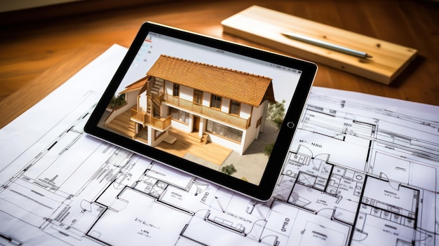 디지털 태블릿과 건축 층계획 종이의 화면에 청사진을 가진 3d 작은 집