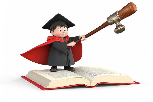 3d small people judge in a cloak with a hammer and the book 3d image Isolated white background