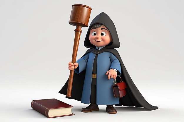 3d small people judge in a cloak with a hammer and the book 3d image Isolated white background