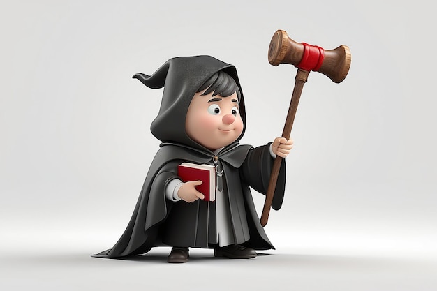 3d small people judge in a cloak with a hammer and the book 3d image Isolated white background