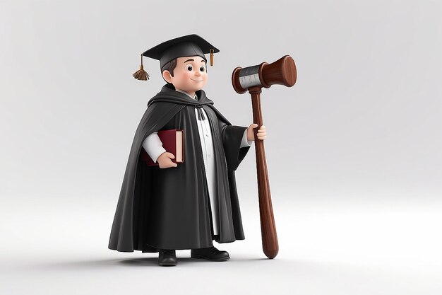 3d small people judge in a cloak with a hammer and the book 3d image Isolated white background