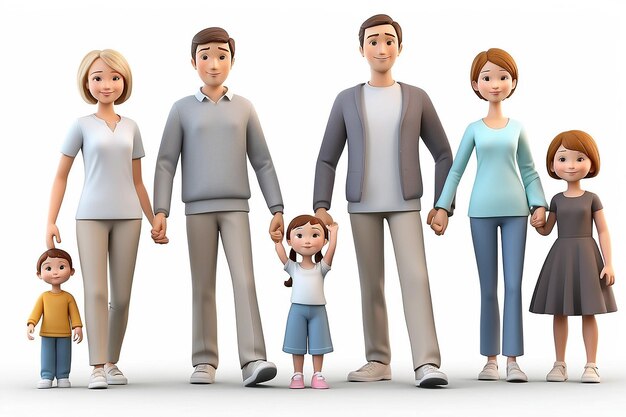3d small people parents with children 3d image Isolated white background