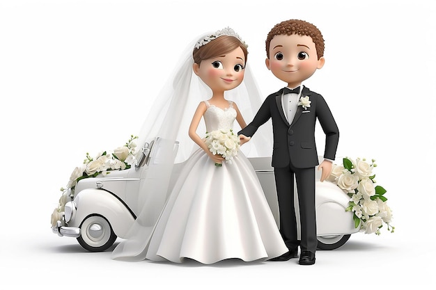 Foto piccole persone 3d matrimonio dello sposo e della sposa immagine 3d sullo sfondo bianco isolato