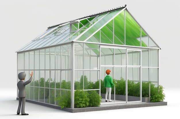 3d small person standing near to the glass green house and waving a hand