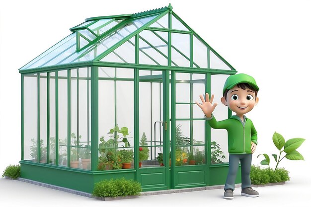 3d small person standing near to the glass green house and waving a hand