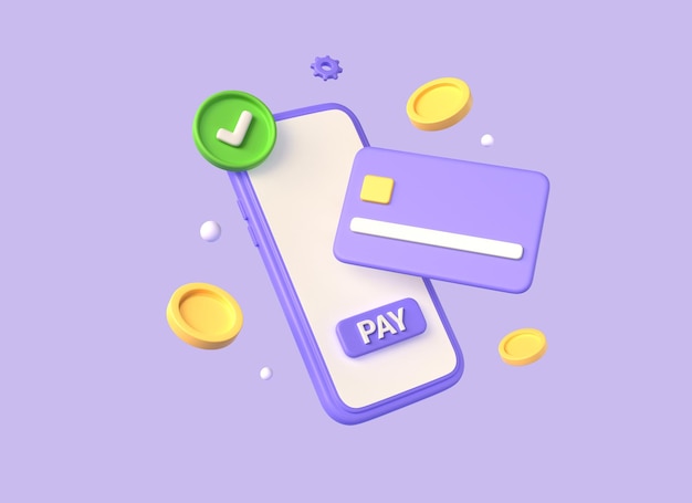 3d smartphone credit card and transaction button in cartoon style pay online using mobile phone money management through online banking 3d rendering