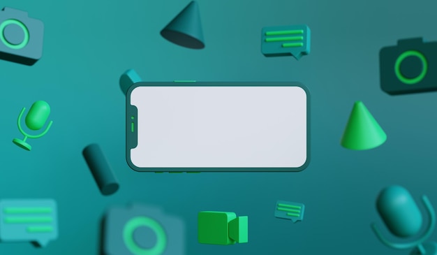 3D-smartphone geïsoleerd en Emoji met groene achtergrond. Mobiele telefoon mockup foto