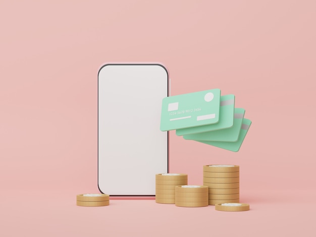 3D-smartphone met creditcards geld concepten financiële planning vermogensbeheer franchises management