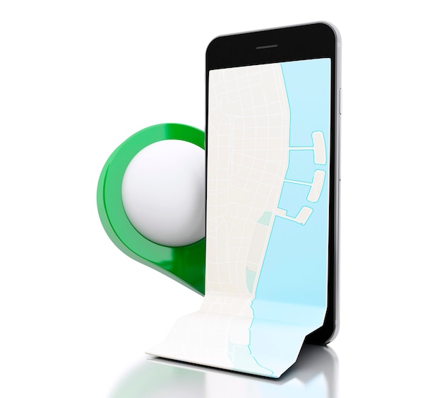 3D-smartphone met een kaart en een groene kaart aanwijzer.