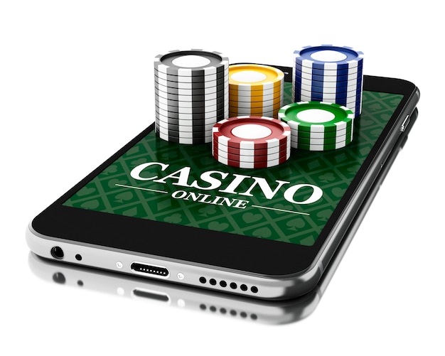 3D-smartphone met munten. Online casino concept.