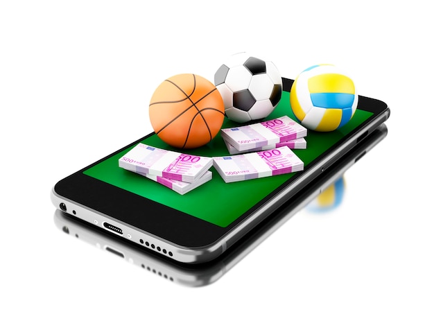 3D-smartphone met sport ballen en geld.