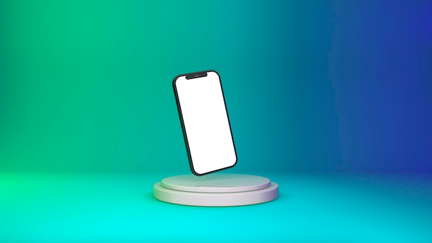 Foto mockup di smartphone 3d con schermo vuoto su sfondo colorato al neon del podio applicazioni internet social network e vendita online di prodotti concept illustrazione 3d di alta qualità