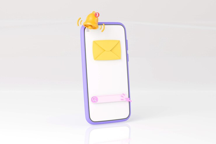 Photo 이메일 및 벨 알림 메시지가 있는 3d 스마트폰 및 검색 아이콘 3d 렌더링 그림