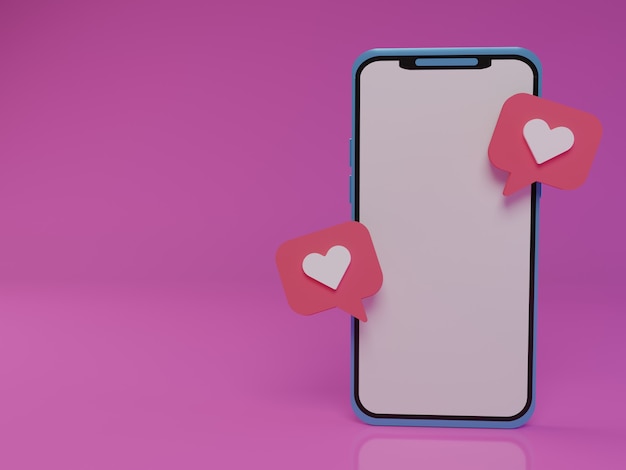 3d smartphone with floating love chat in pink background