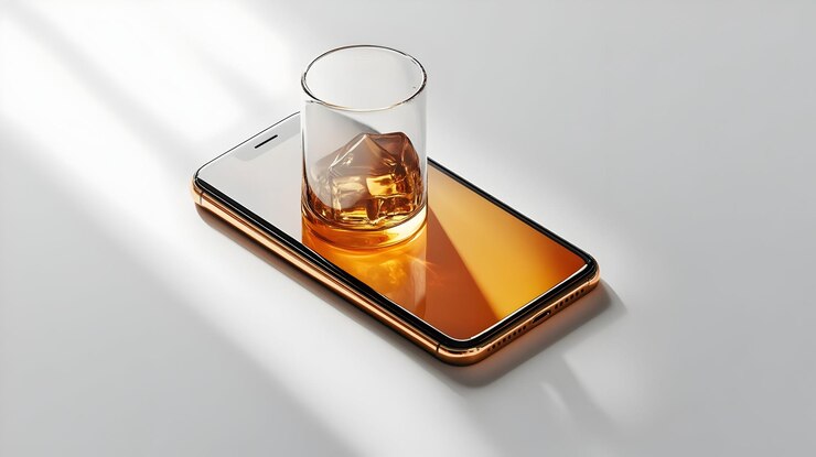 3D Smartphone with holographic whiskey glass floating above isolated on white with copy space concep
