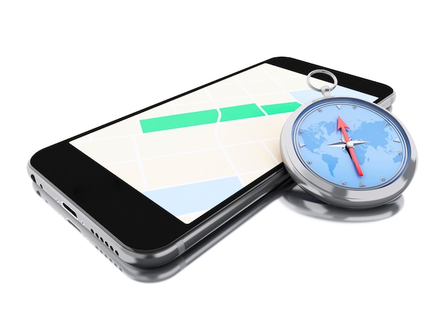 3d Smartphone with a map and a compass.