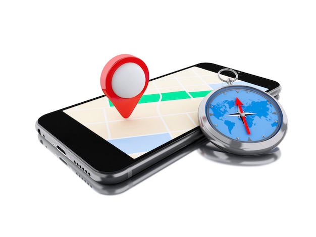 3d Smartphone with a map, red pointer and a compass.