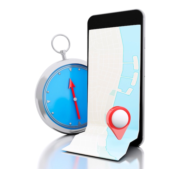 3d Smartphone with a map, red pointer and a compass.