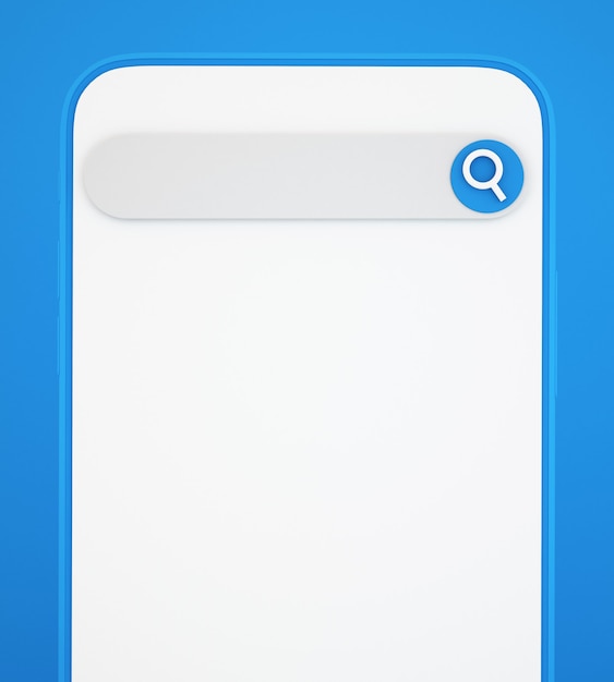 Foto smartphone 3d con barra di ricerca su sfondo blu, concetto di comunicazione e social media, sfondo di illustrazione 3d