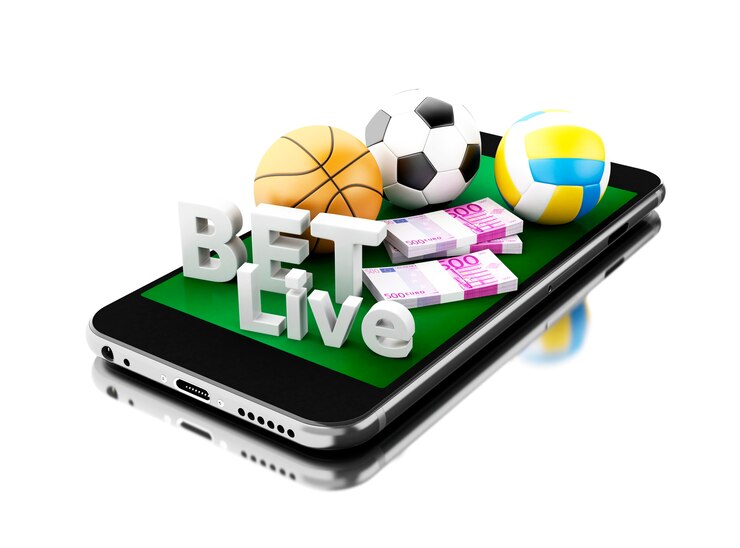Photo 3d smartphone with sport balls, money and bet live. betting concept.