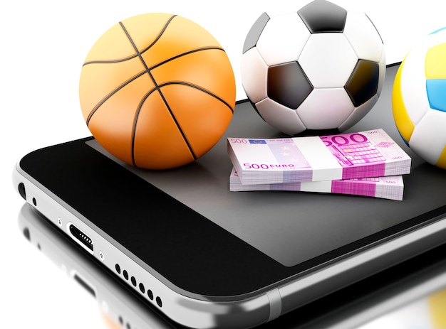 3d Smartphone with sport balls and money.