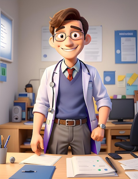 3D smiling doctor with a stethoscope character photo