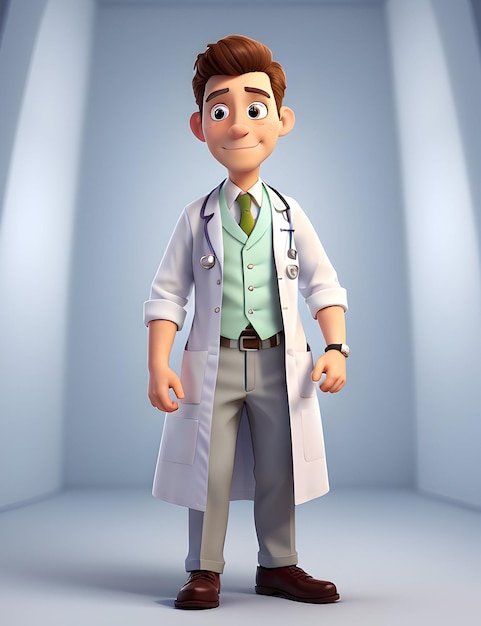 스테토스코프 캐릭터 사진을 가진 3D 미소 짓는 의사