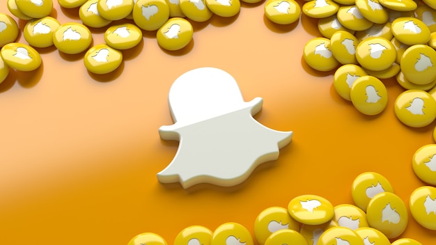 3d snapchat logo over orange background surrounded by a lot of snapchat glossy pills