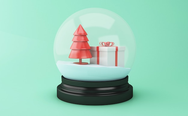 3d sneeuwbol met kerstboom en geschenkdoos.