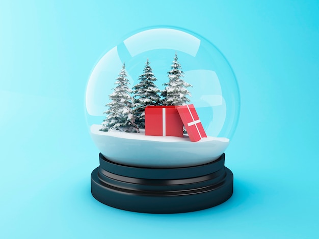 Foto cupola di neve 3d con regalo di natale.