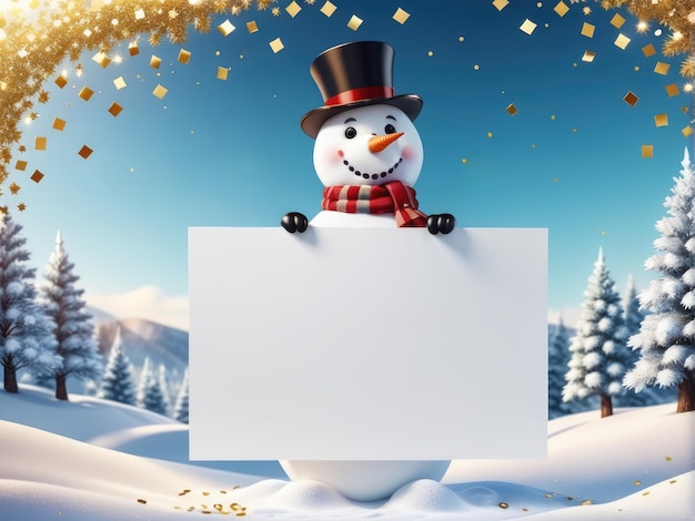 Photo 3d snowman holding blank banner christmas greeting card template