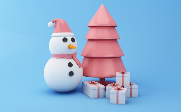 3d Snowman with Christmas tree and gifts.