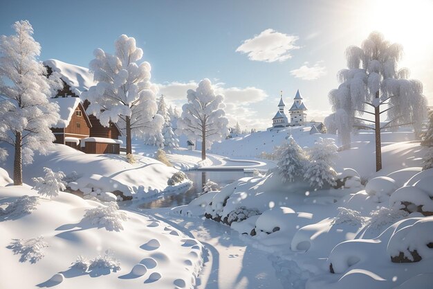 3d snowy winter landscape