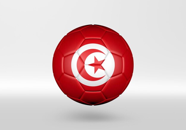 Foto pallone da calcio 3d con la bandiera della tunisia su sfondo grigio